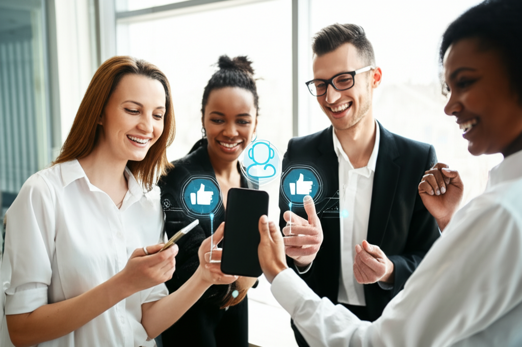 Equipe de negócios celebrando sucesso com agente AI